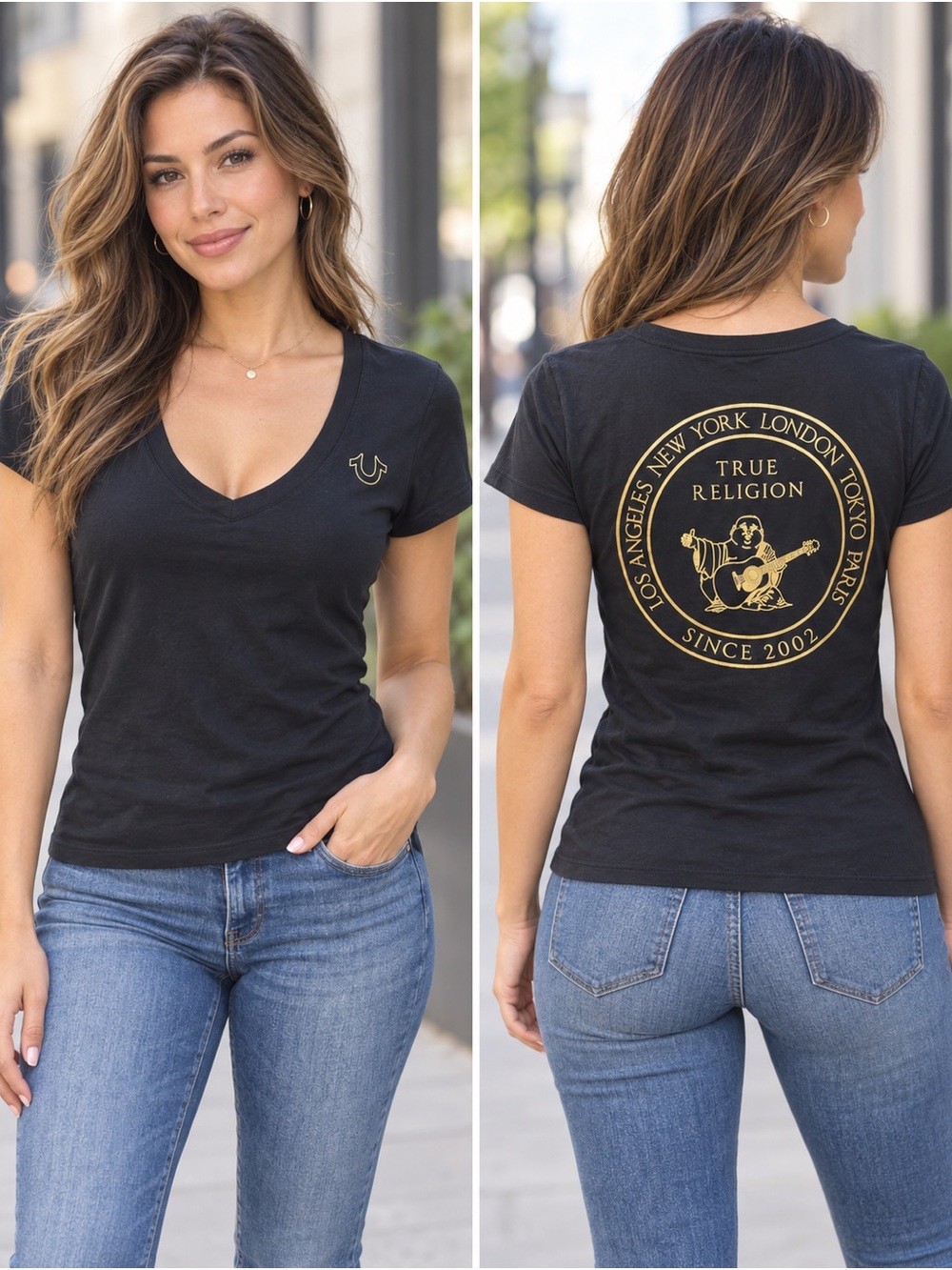 True Religion Buddha Stamp Slim V-Neck Graphic Tee Black Gold M NWOT